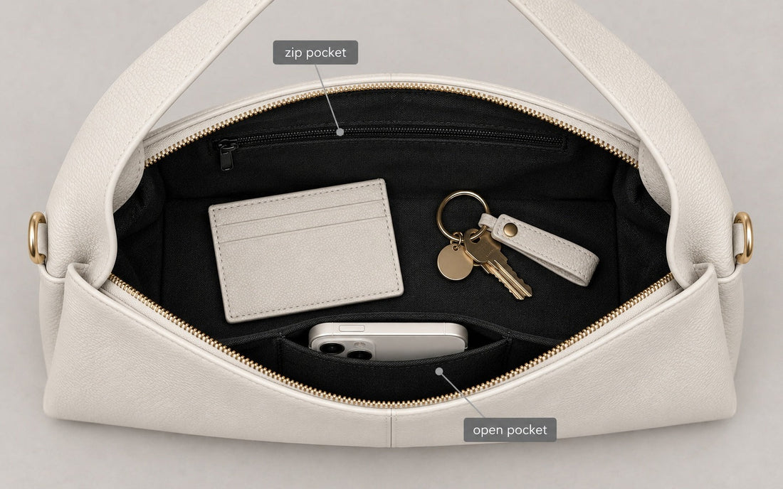 The interior of the Misariva Verona bag seen from above, with phone, wallet and keys