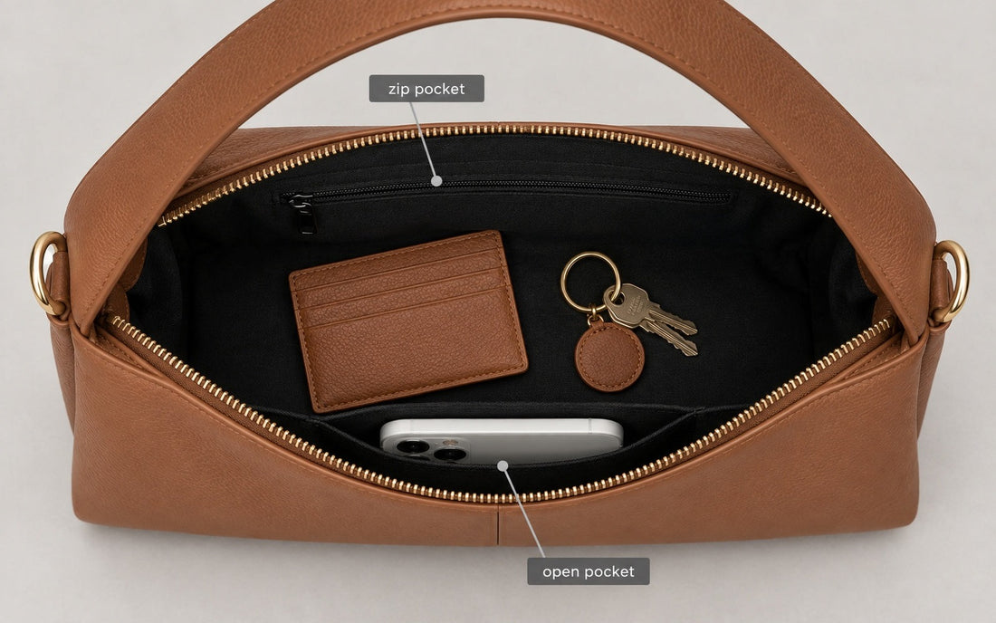 The interior of the Misariva Verona bag seen from above, with phone, wallet and keys