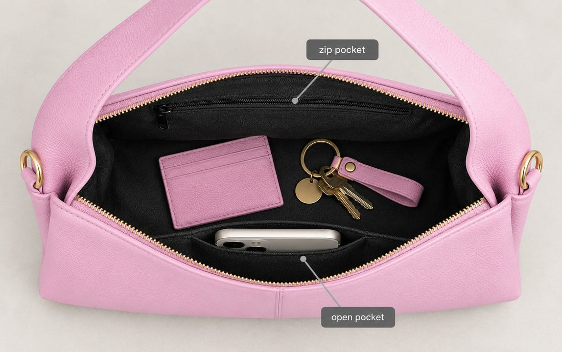 The interior of the Misariva Verona bag seen from above, with phone, wallet and keys