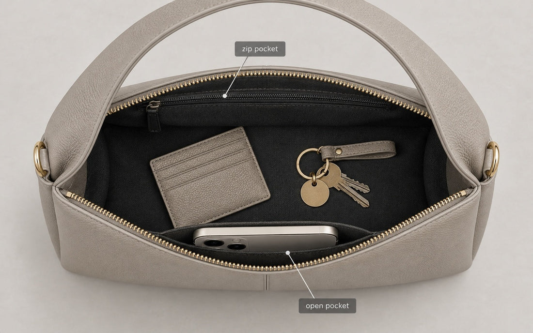The interior of the Misariva Verona bag seen from above, with phone, wallet and keys